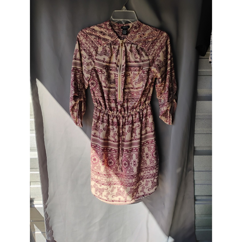 Rue21 Womens Paisley Print Half Zip Mini Dress Burgundy Cream Size M